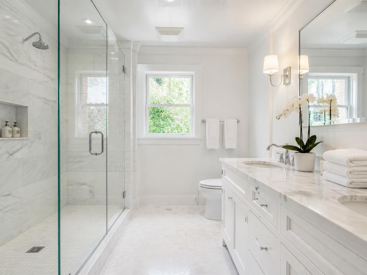 Spotless bathroom with clean glass shower