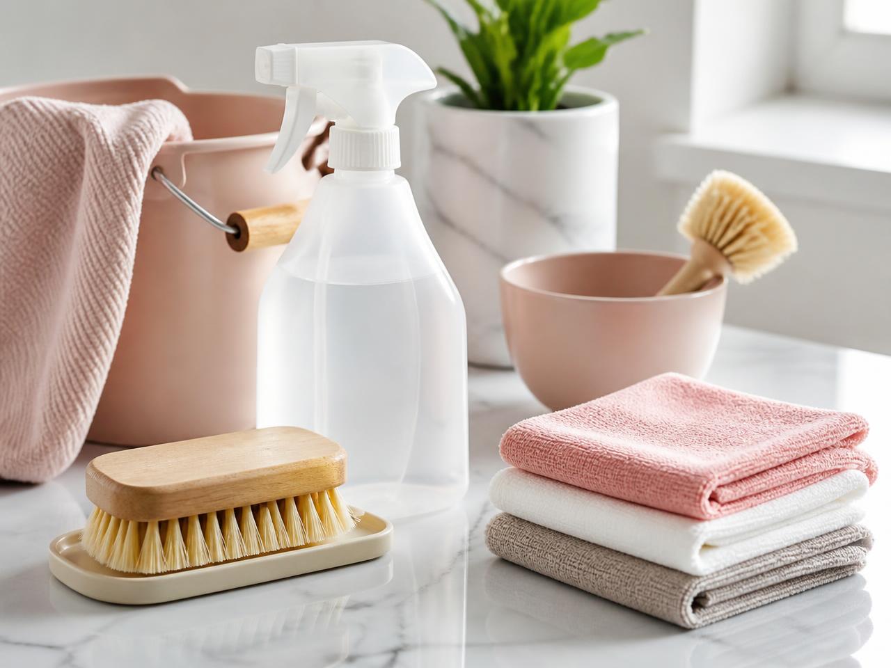 Neatly arranged cleaning supplies on a clean counter